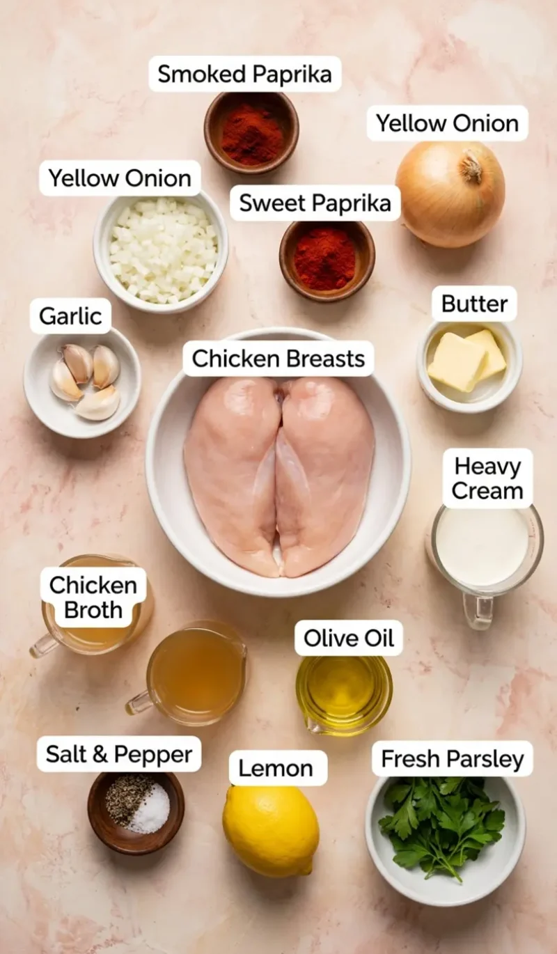 Labelled overhead flatlay of all 12 ingredients for The Best Paprika Chicken on a cream and blush plaster surface, each ingredient named