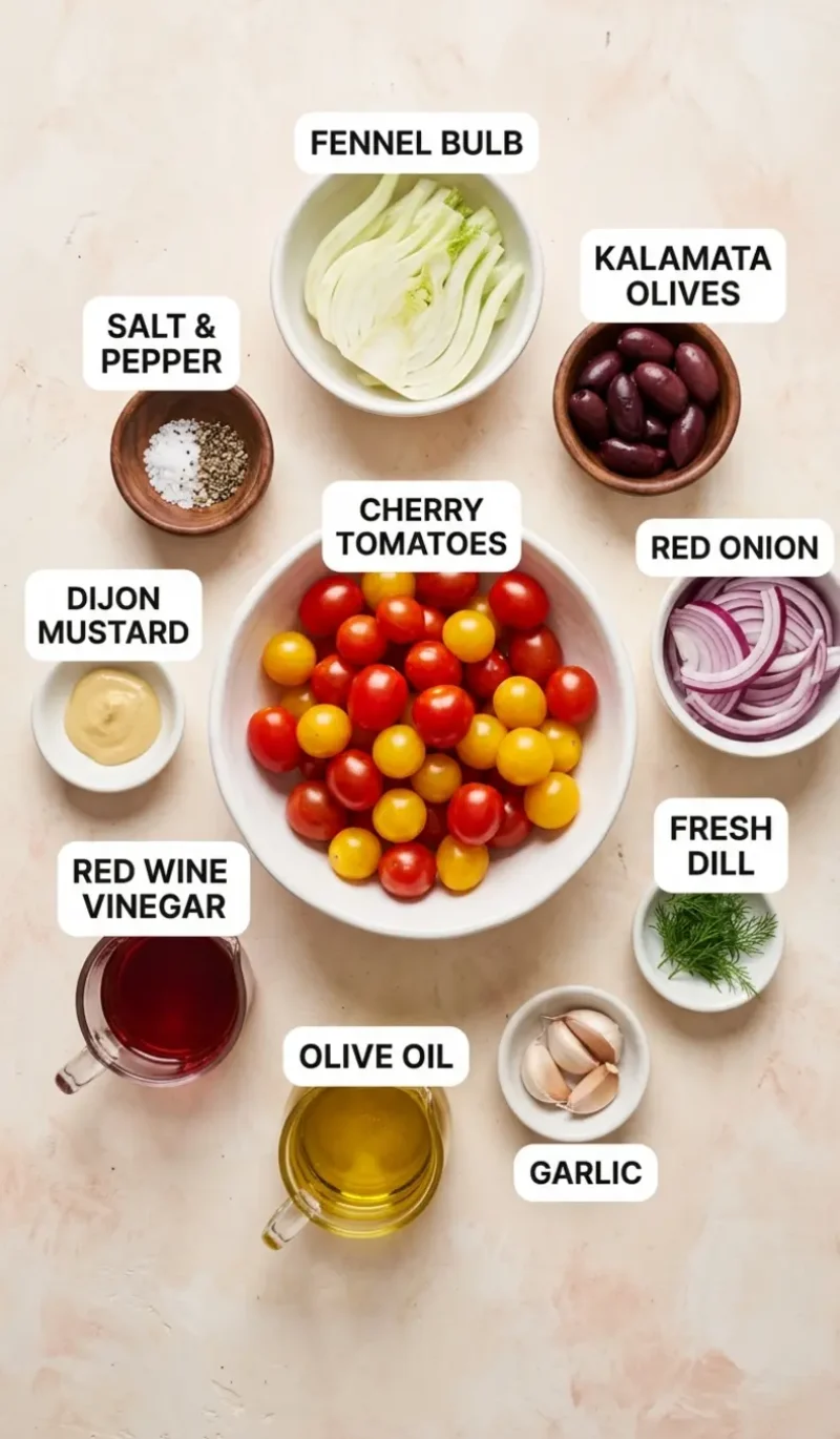 Labelled overhead flatlay of all 10 ingredients for the best tomato salad on a cream and blush plaster surface, each ingredient named