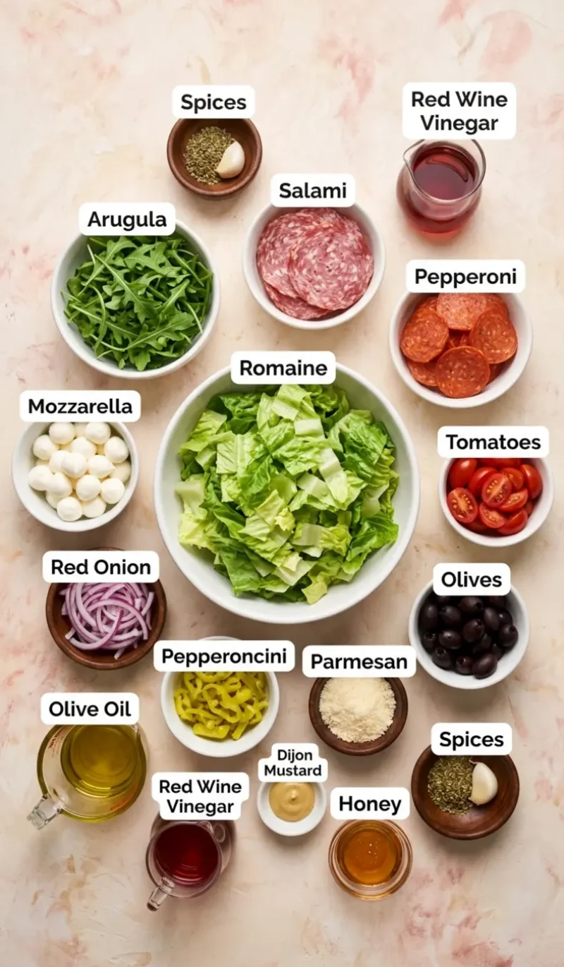 Labelled overhead flatlay of all 15 ingredients for Big Classic Italian Salad on a cream and blush plaster surface