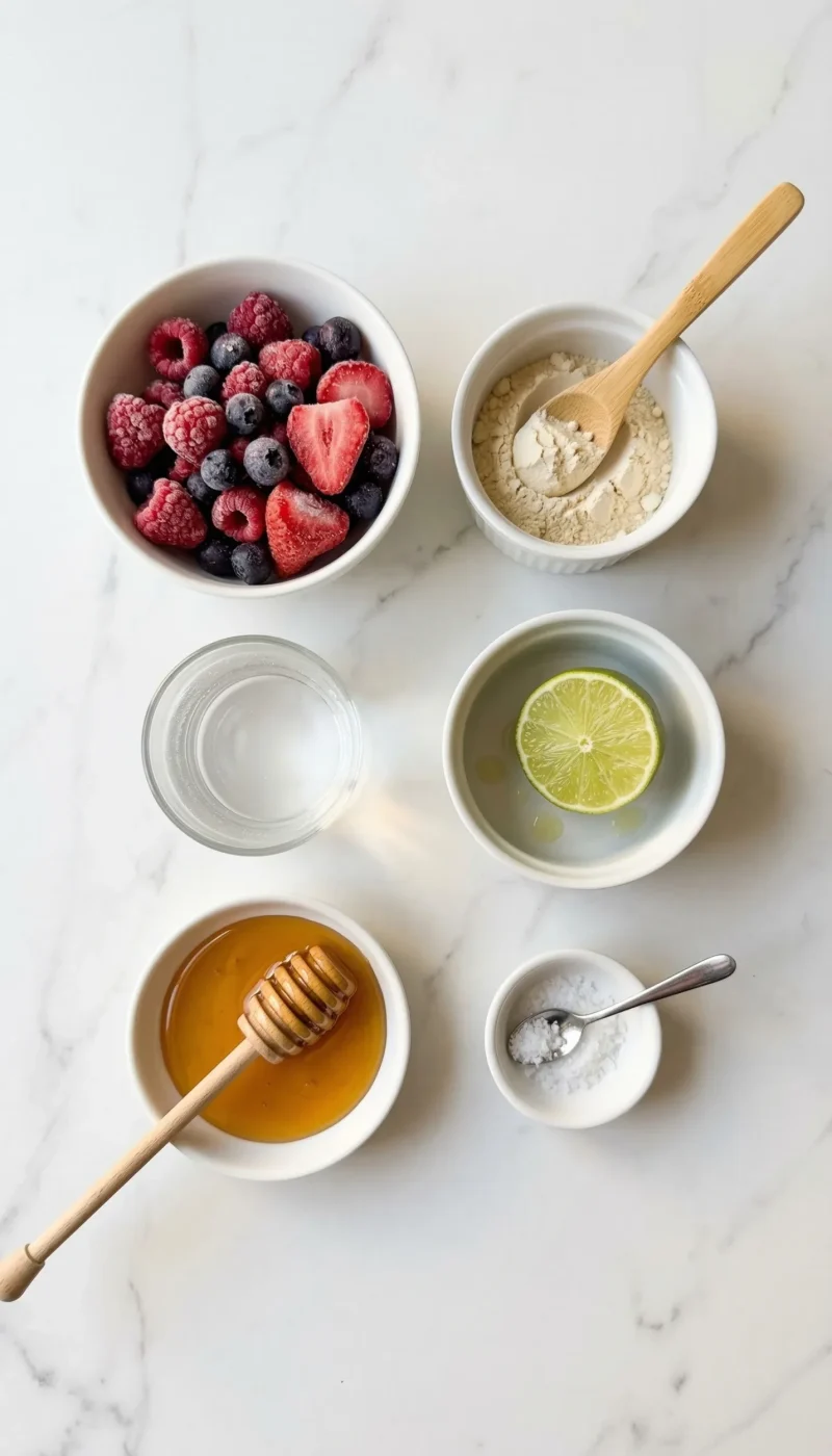 Overhead flatlay of all blender protein sorbet ingredients in small white bowls on white marble