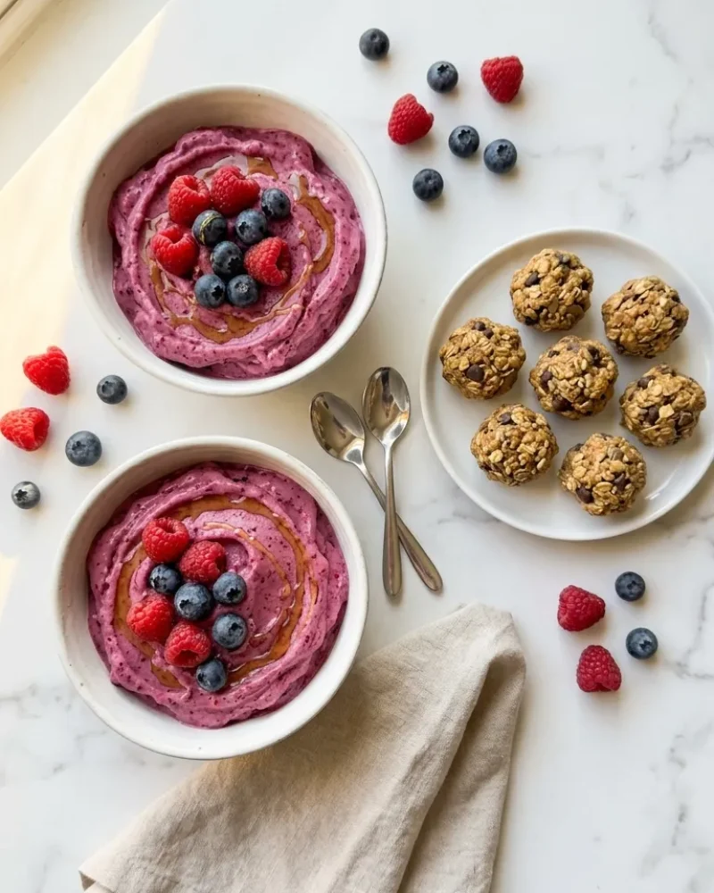 Overhead view of blender protein sorbet bowls with fresh berries and snacks on white marble