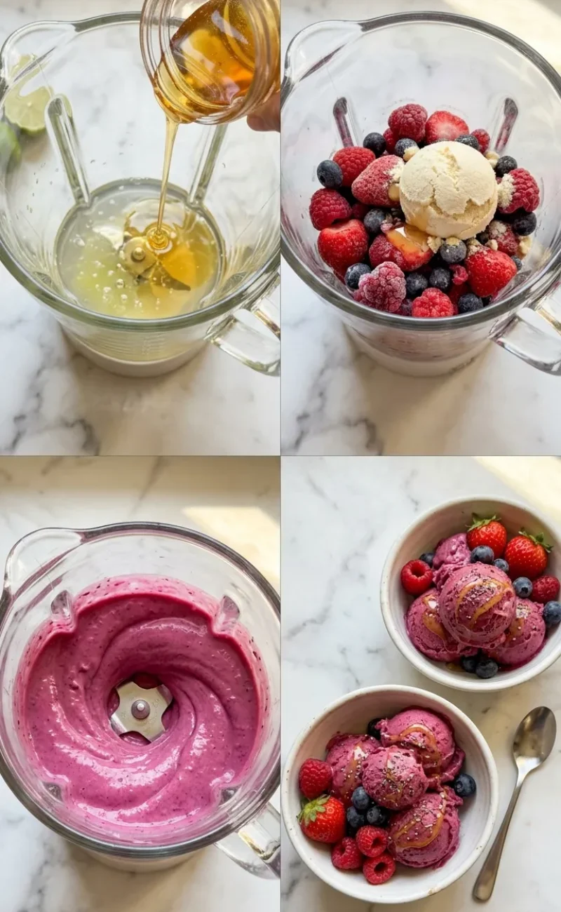 Four-step process grid showing how to make blender protein sorbet from ingredients to finished bowls