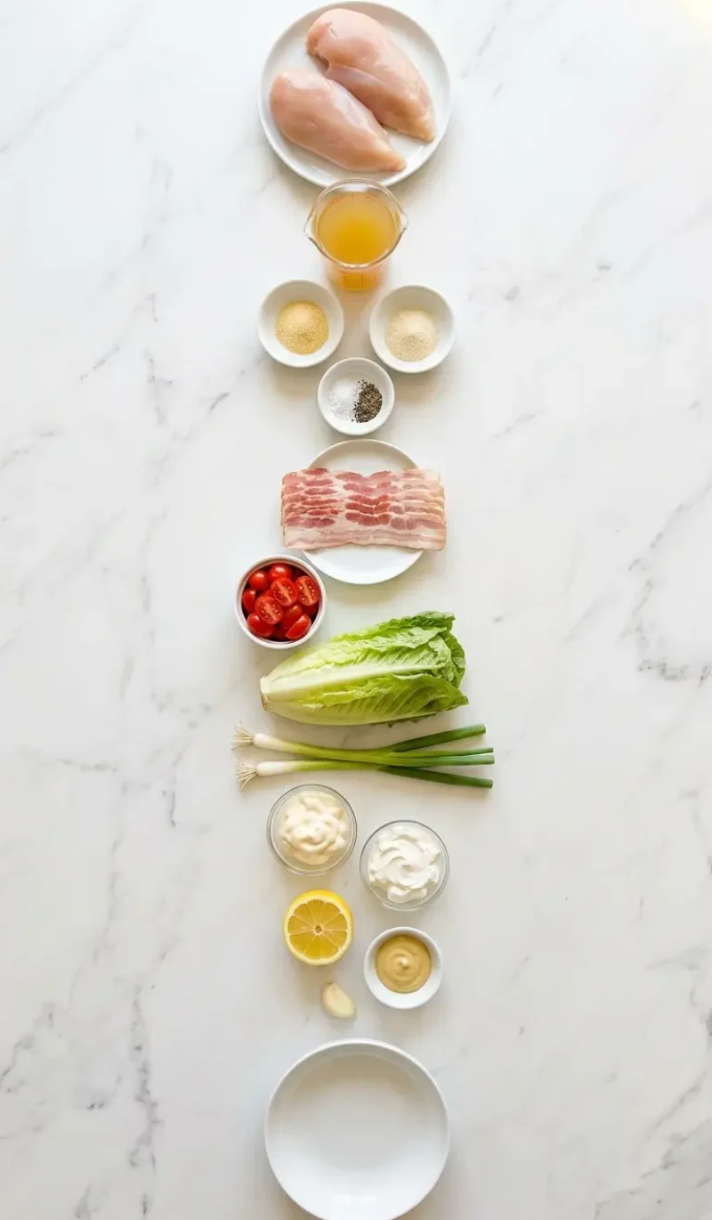 Exploded view of all 14 ingredients for BLT chicken salad arranged vertically on white marble