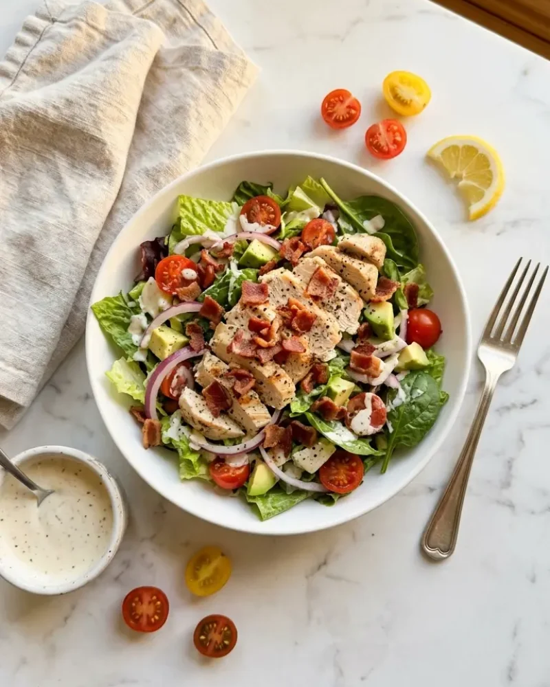 Overhead view of BLT chicken salad with creamy dressing, cherry tomatoes, and lemon in a complete meal setting