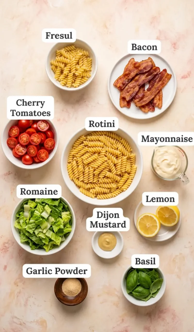 Labelled overhead flatlay of all 9 ingredients for BLT Pasta Salad on a cream and blush plaster surface, each ingredient named