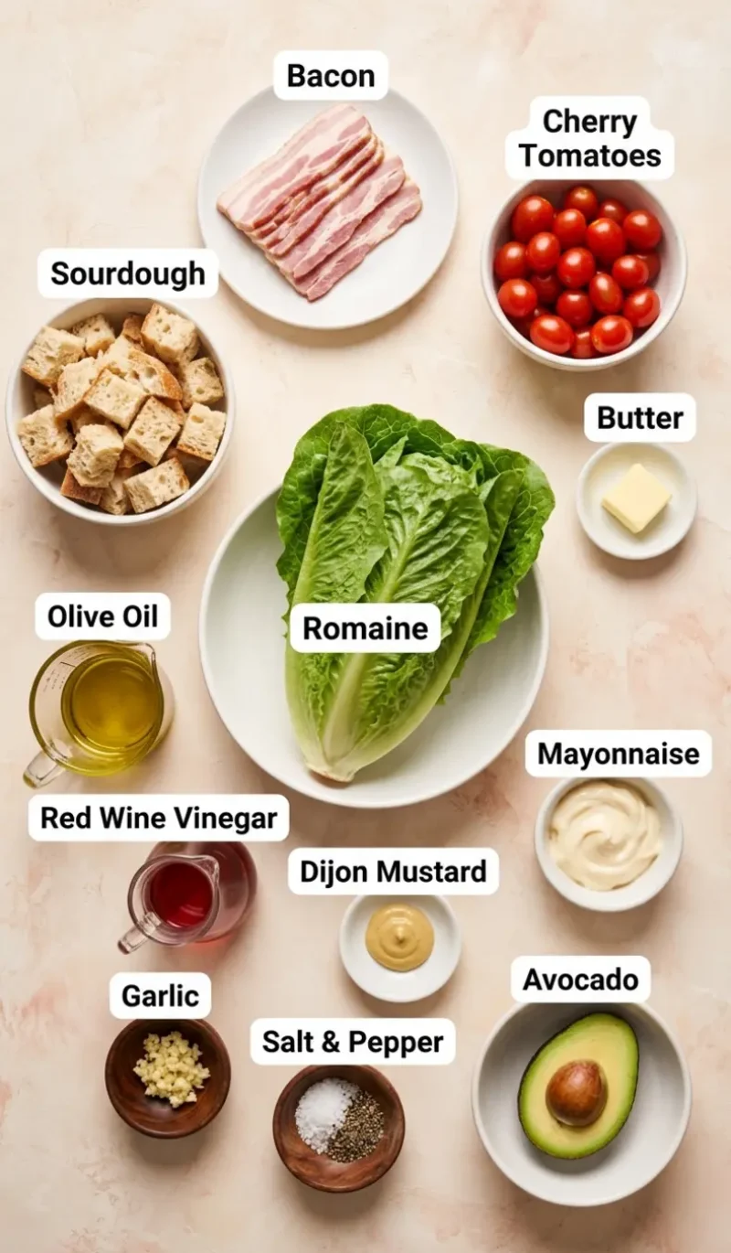 all 12 ingredients for blt salad arranged on a cream and blush plaster surface with labels