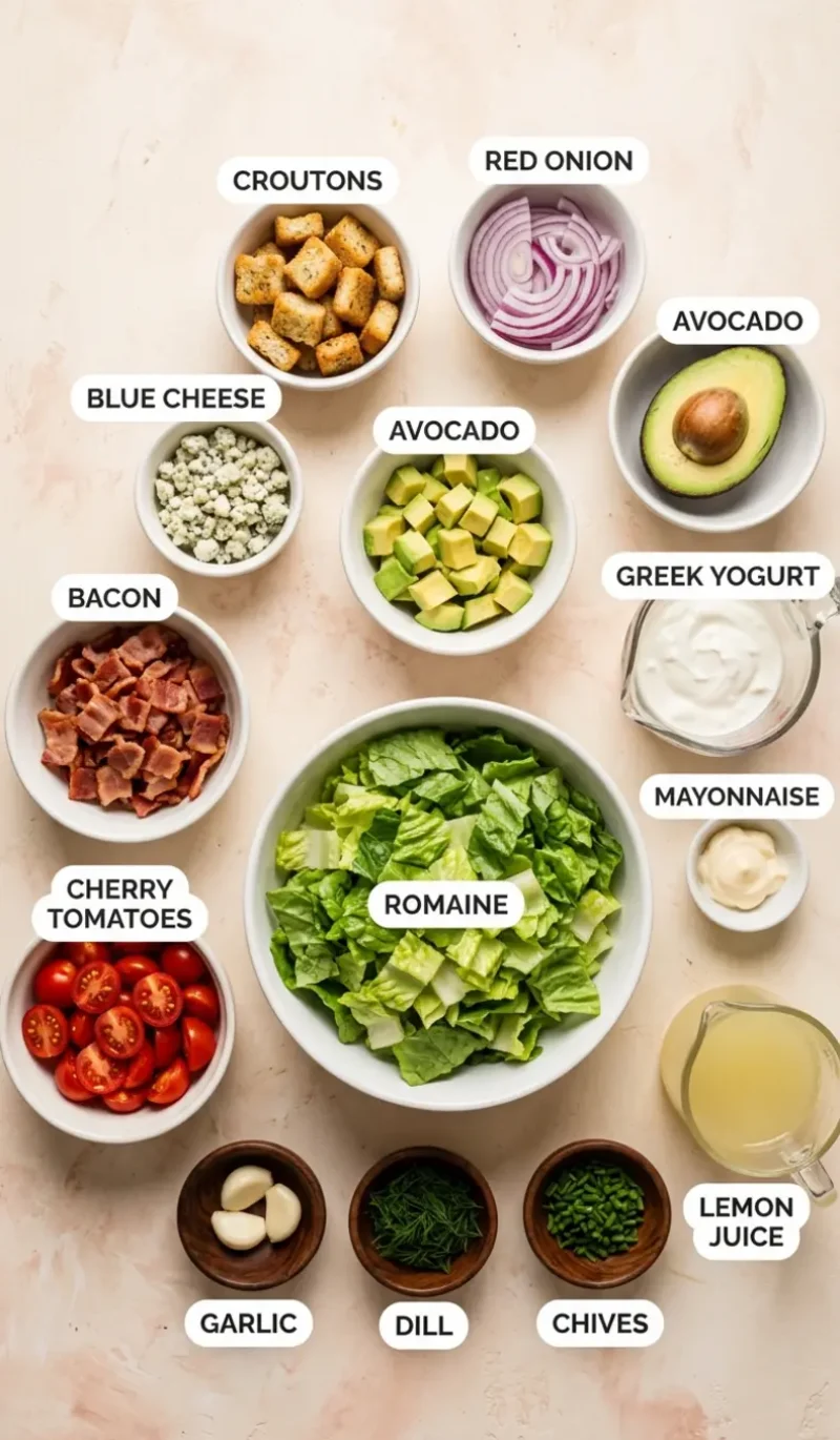 Labelled overhead flatlay of all 14 ingredients for BLT Salad on a cream and blush plaster surface, each ingredient named