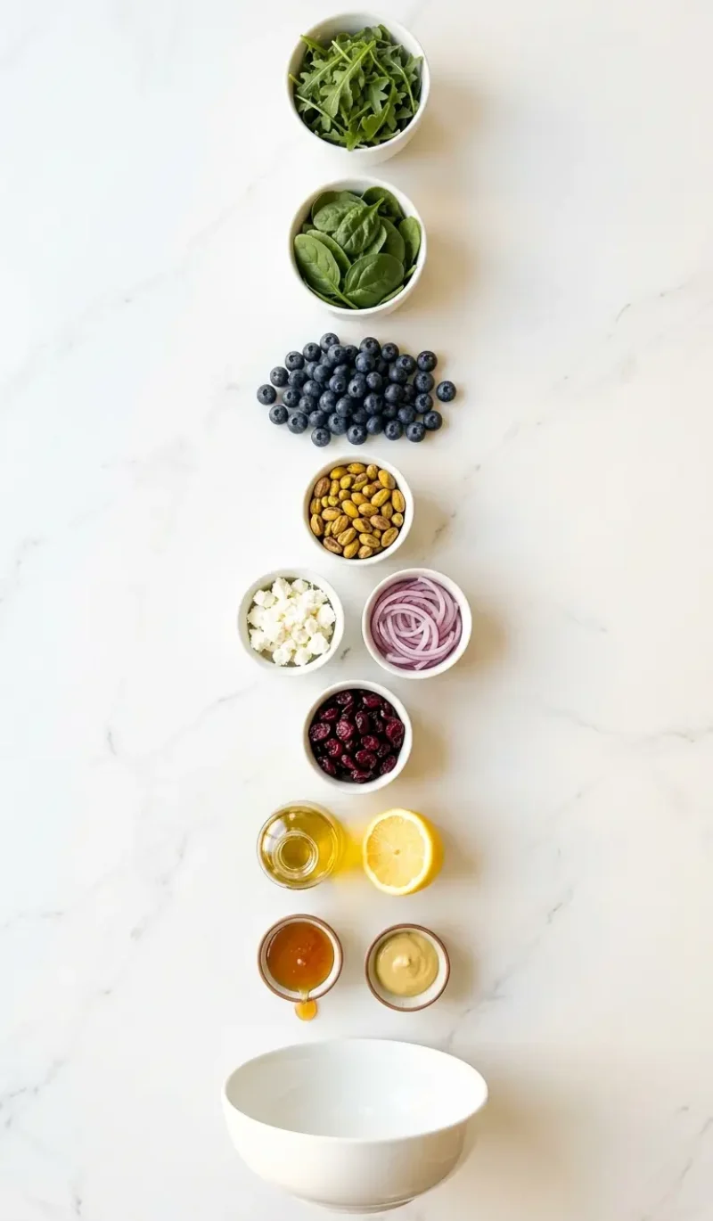Exploded view of all 12 ingredients for blueberry pistachio spring salad arranged vertically on white marble