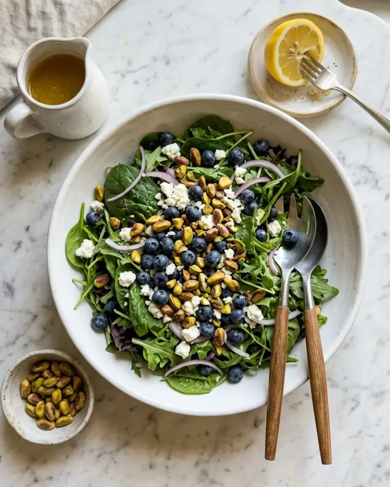 overhead view of blueberry pistachio spring salad with dressing pitcher and lemon on marble