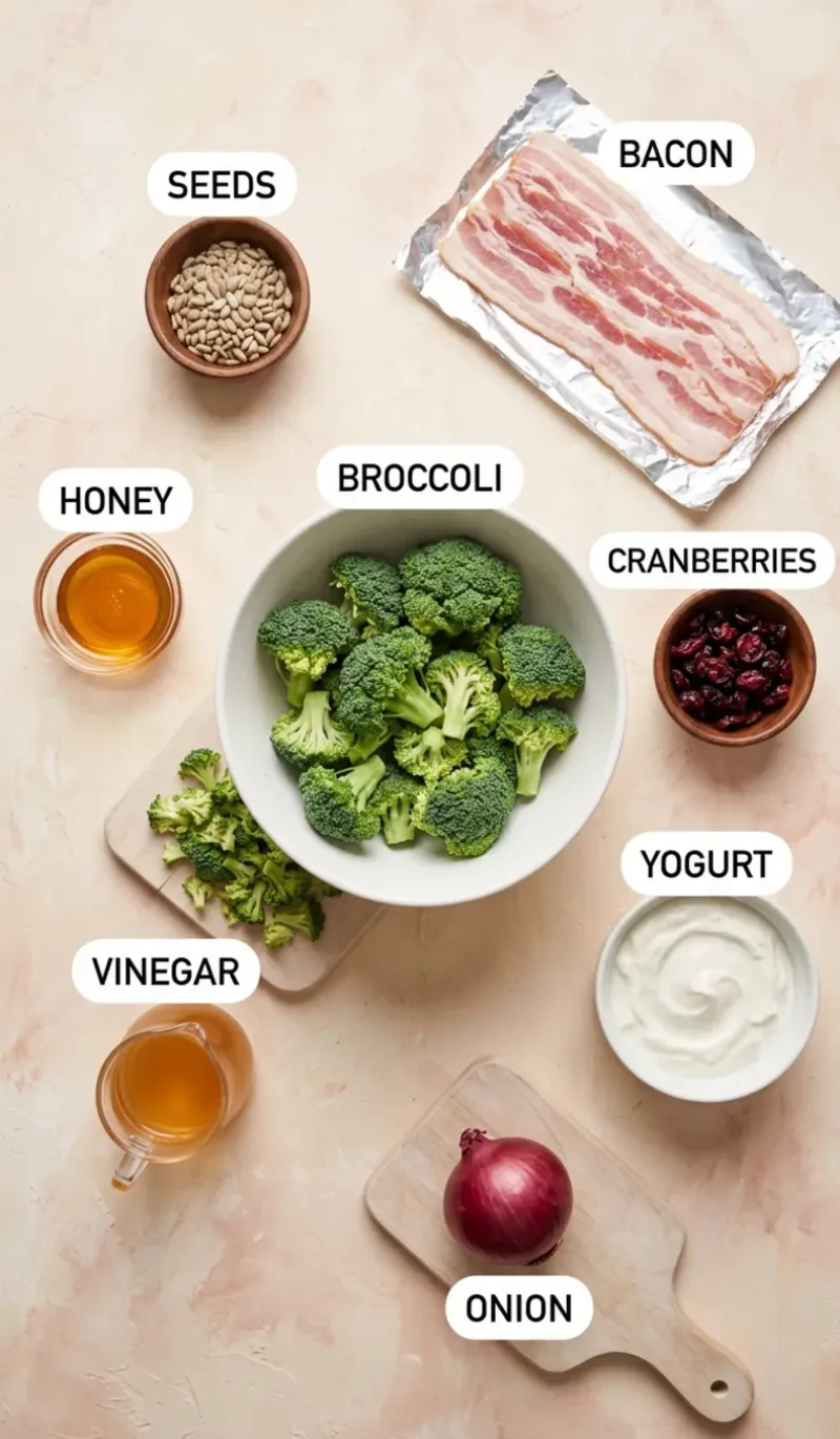Labelled overhead flatlay of all 8 ingredients for easy broccoli bacon salad on a cream and blush plaster surface, each ingredient named
