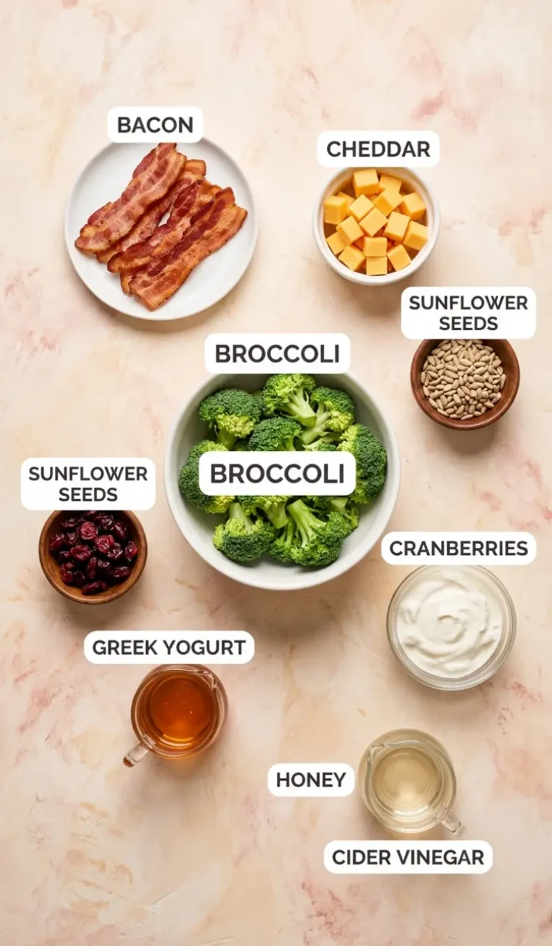 all 8 ingredients for easy broccoli bacon salad arranged on a cream and blush plaster surface with individual labels