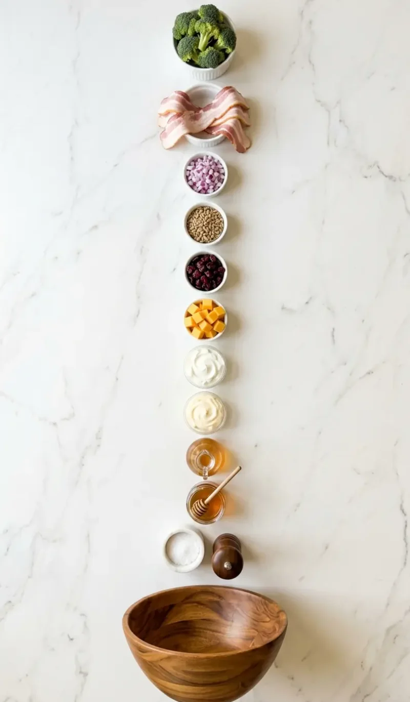 all 12 ingredients for classic broccoli salad with bacon arranged vertically on white marble