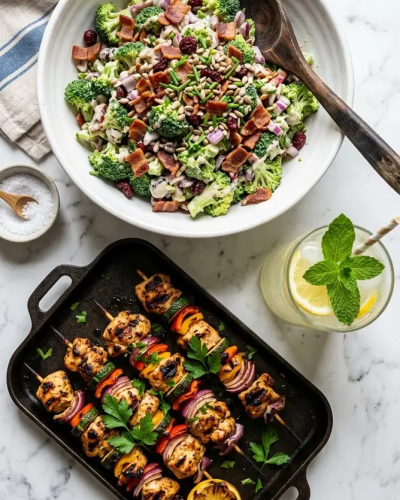 overhead view of classic broccoli salad with bacon with grilled chicken and lemonade