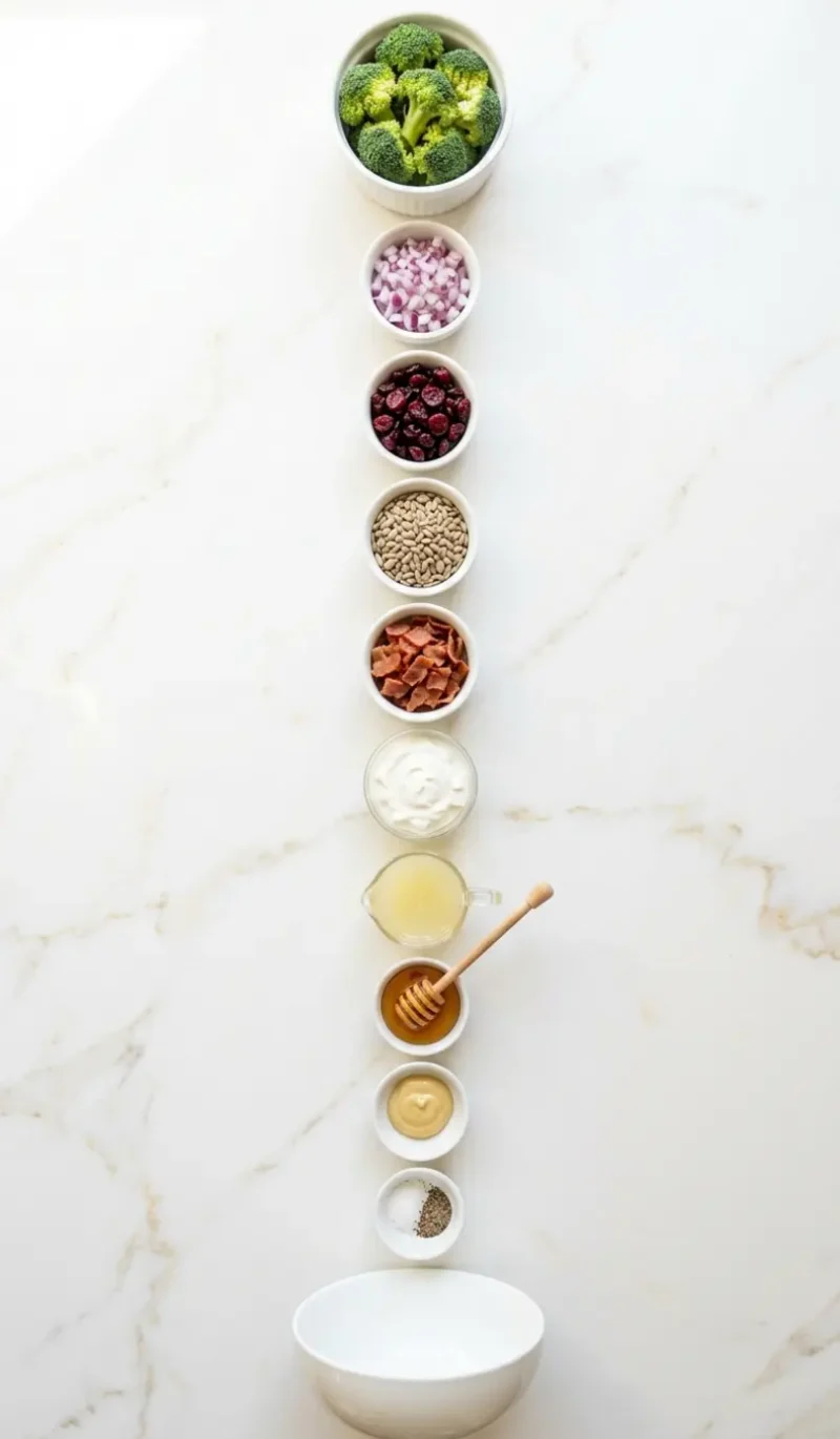 All 10 ingredients for Best Broccoli Salad (No Mayo) arranged vertically on white marble