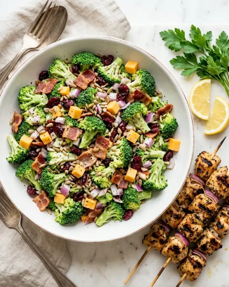 Overhead view of Best Broccoli Salad (No Mayo) served with grilled chicken and lemon