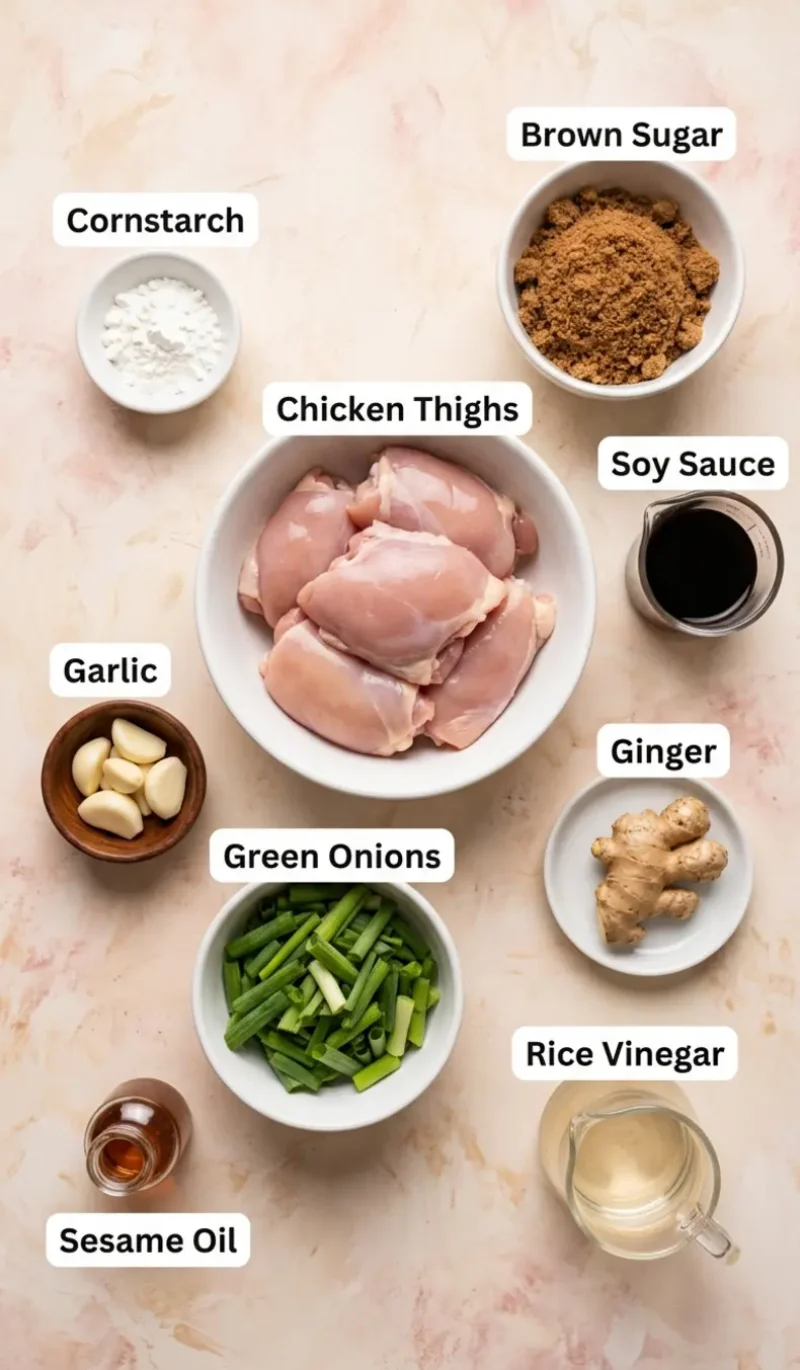 Labelled overhead flatlay of all 9 ingredients for Brown Sugar Garlic Chicken on a cream and blush plaster surface, each ingredient named