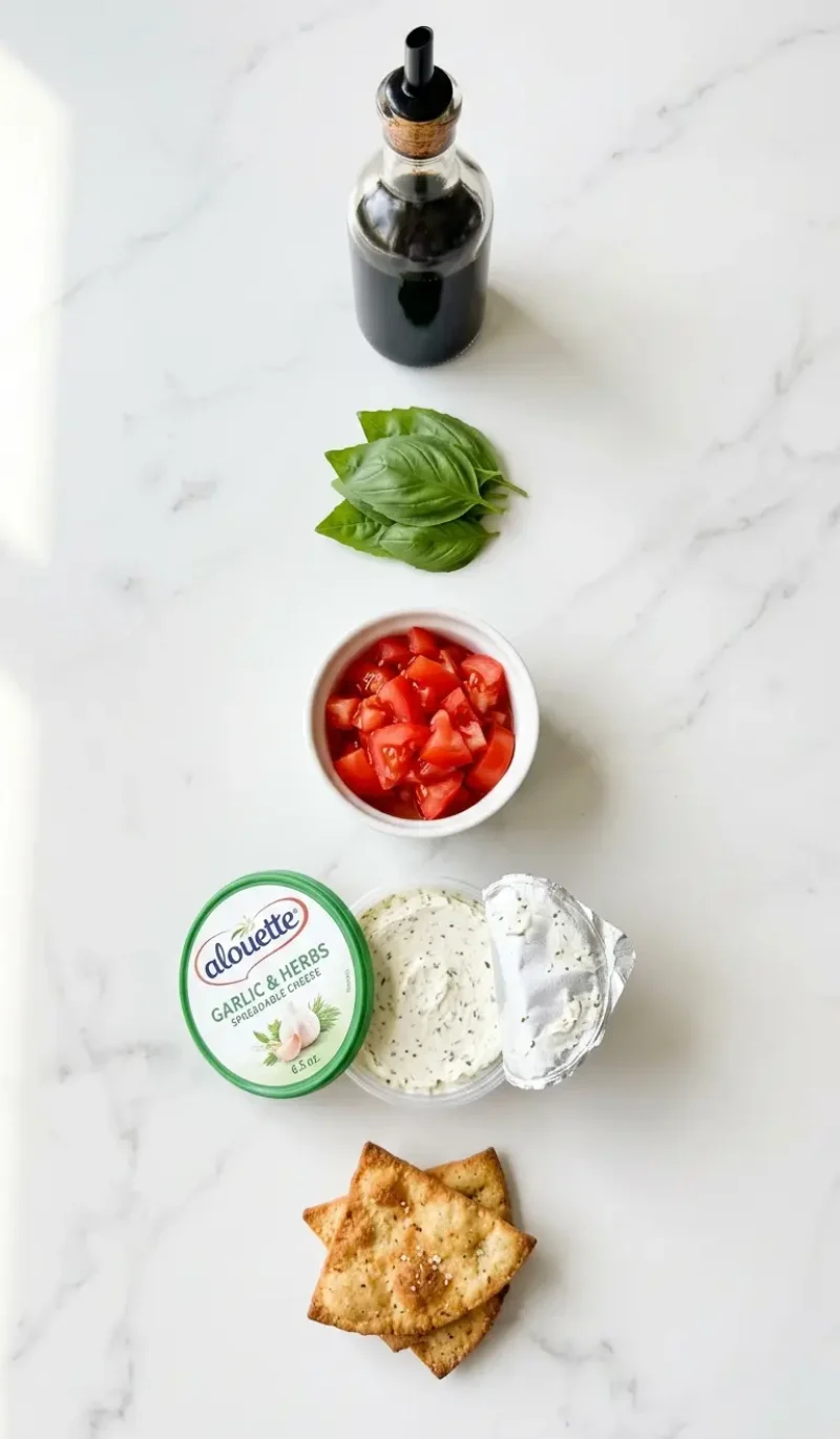 Exploded view of all 5 ingredients for Bruschetta Dip arranged vertically on white marble