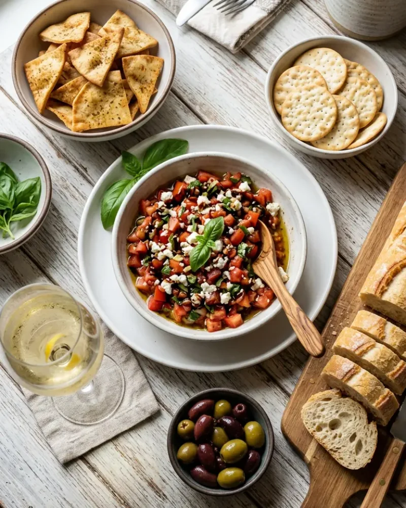 Overhead view of Bruschetta Dip platter with assorted crackers, bread, and olives for a party spread