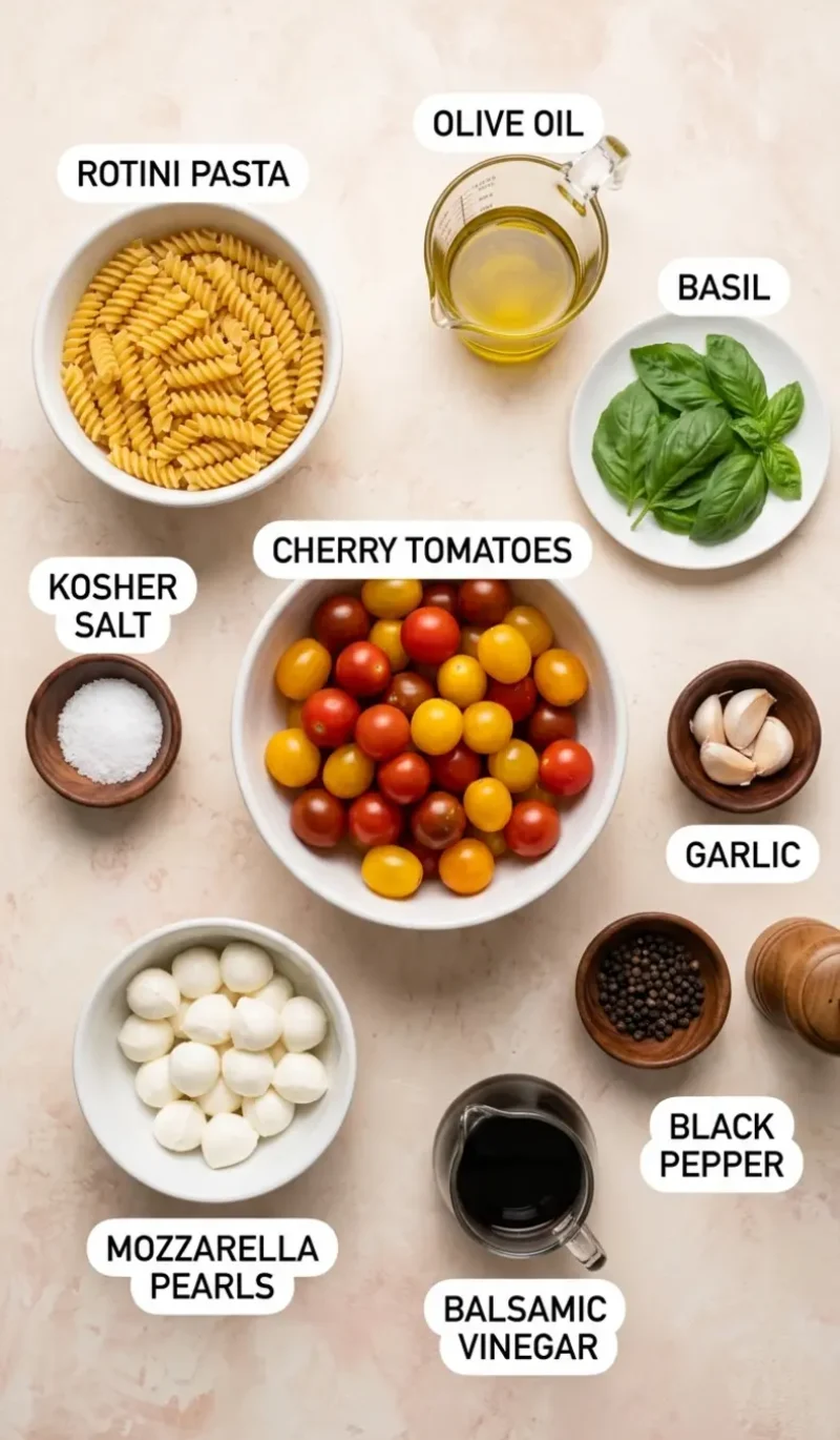 Labelled overhead flatlay of all 9 ingredients for delicious bruschetta pasta salad on a cream and blush plaster surface, each ingredient named