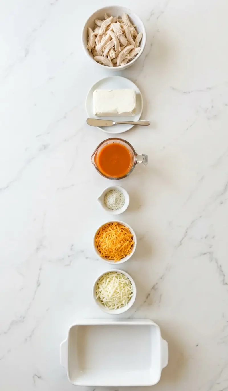 All 7 ingredients for Buffalo Chicken Cheese Bake arranged vertically on white marble