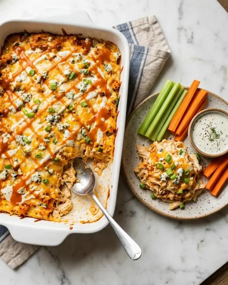 overhead view of Buffalo Chicken Cheese Bake with celery sticks and ranch dip