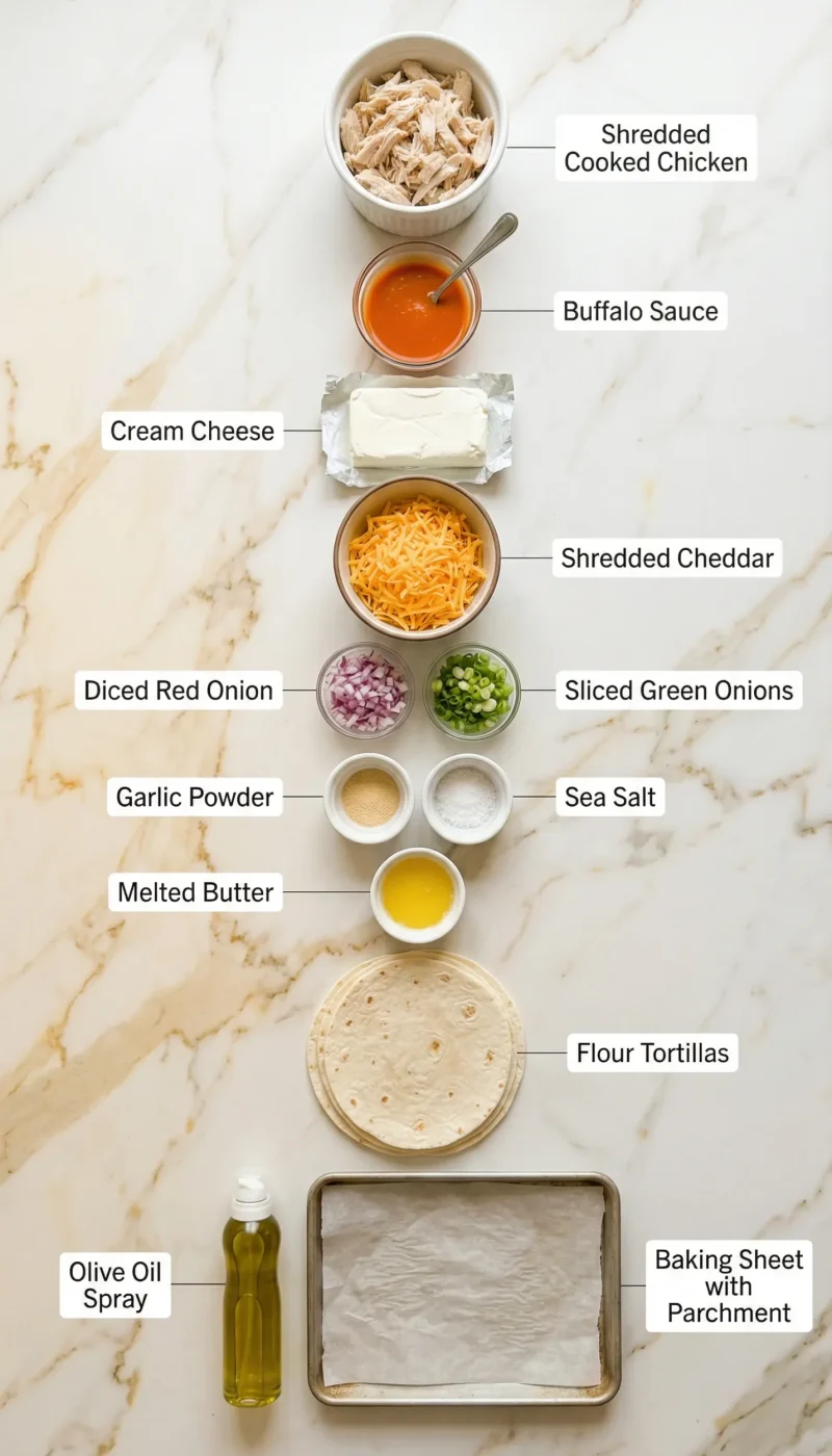 Overhead flat-lay of all 11 ingredients for buffalo chicken taquitos on white marble including chicken, buffalo sauce, cream cheese, and cheddar.