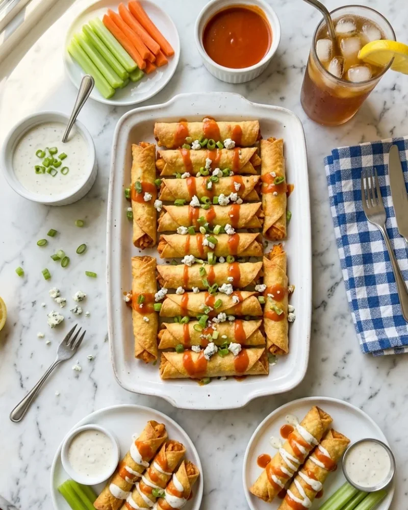 Overhead view of buffalo chicken taquitos spread with ranch dip, celery sticks, and iced tea lemonade on white marble.