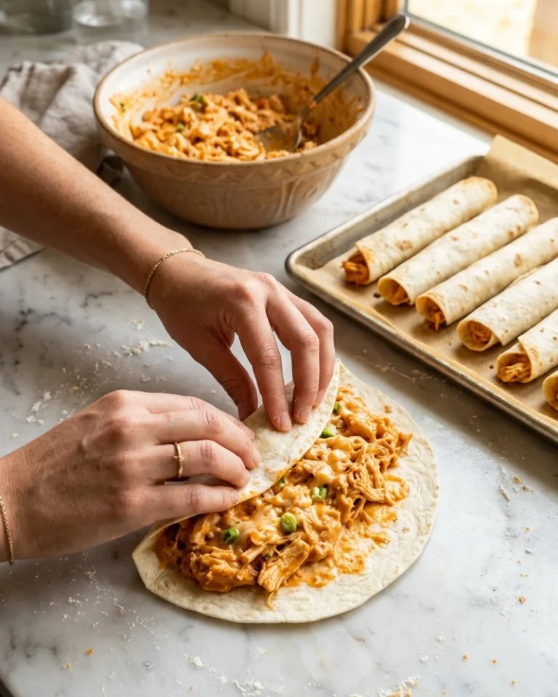 Hands rolling a flour tortilla around creamy buffalo chicken filling with a bowl of filling and rolled taquitos nearby.