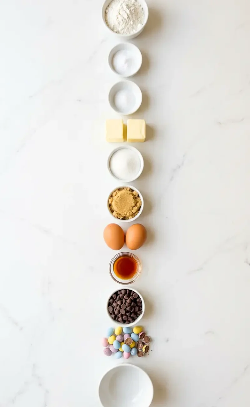 Exploded view of all 10 ingredients for Cadbury Mini Egg Cookies arranged vertically on white marble