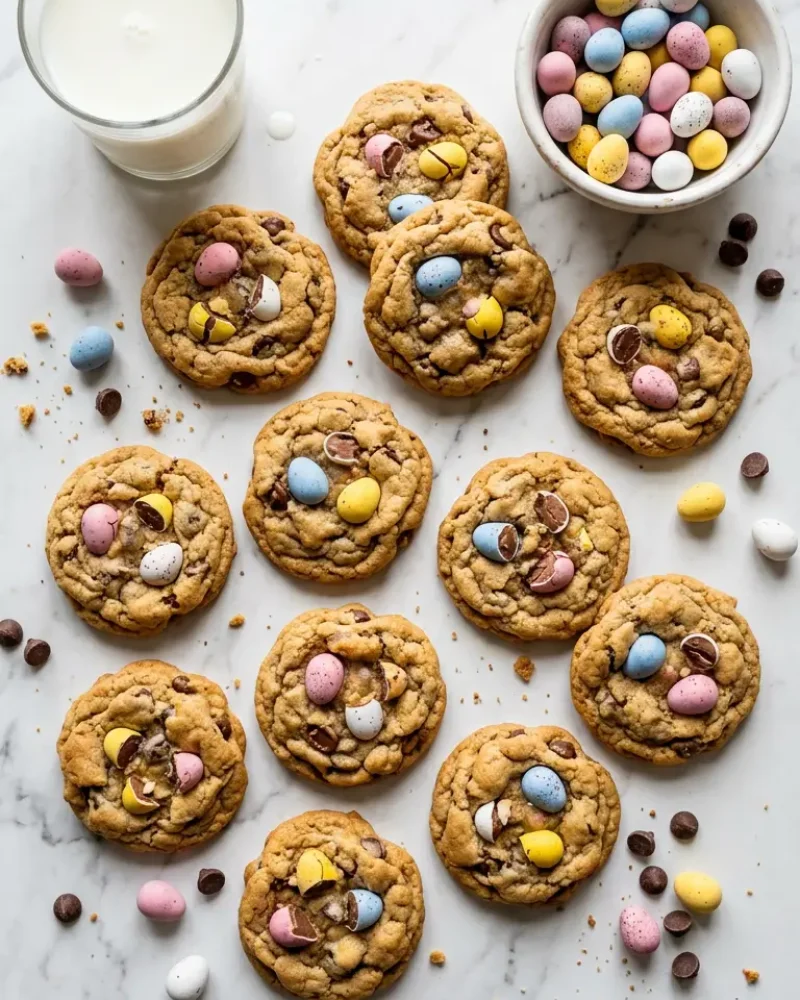 Overhead view of Cadbury Mini Egg Cookies arranged on white marble with a glass of milk and extra mini eggs