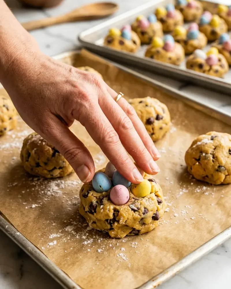 Hand pressing colorful Cadbury Mini Eggs onto cookie dough balls on a parchment-lined baking sheet