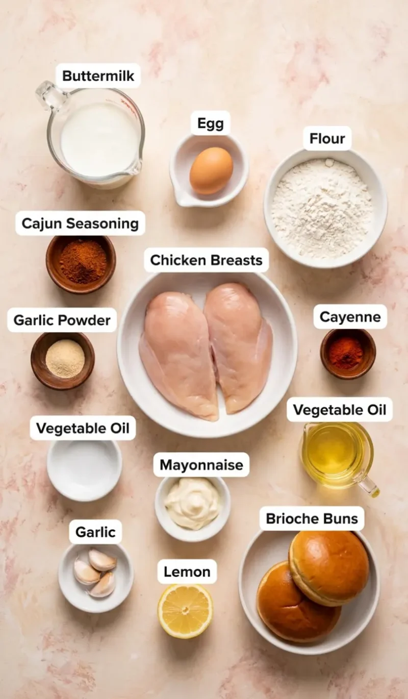 Labelled overhead flatlay of all 12 ingredients for Cajun crispy chicken sandwich on a cream and blush plaster surface, each ingredient named