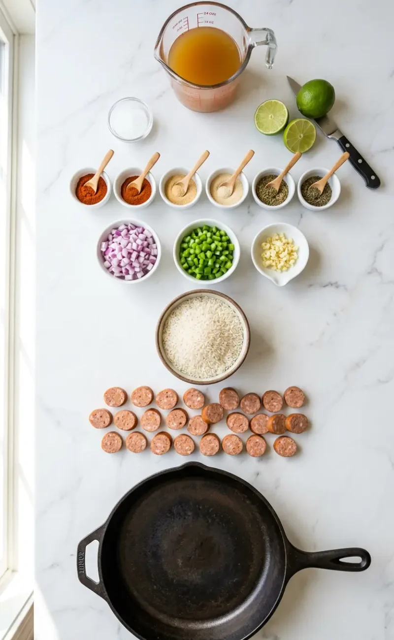 Exploded view of all ingredients for Cajun sausage and rice skillet arranged vertically