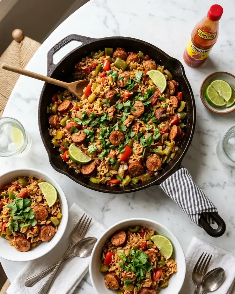 Overhead view of Cajun sausage and rice skillet with serving bowls and lime wedges