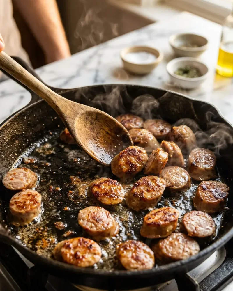 Sausage browning in the skillet during Cajun sausage and rice preparation
