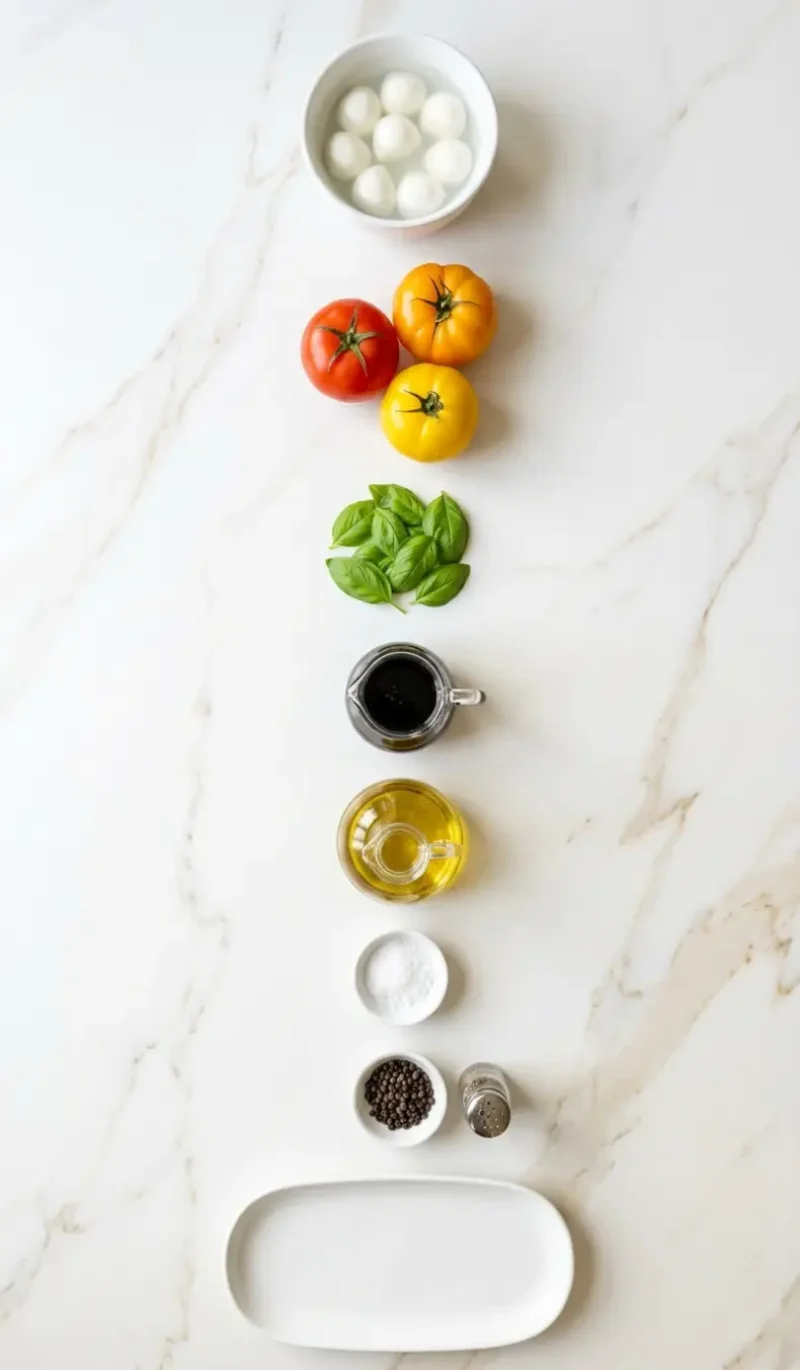 Exploded view of all 7 ingredients for Caprese Salad with Balsamic Glaze arranged vertically on white marble