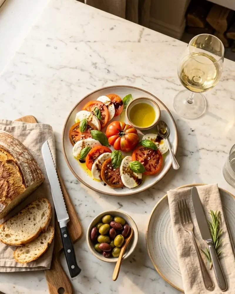Overhead view of Caprese Salad with Balsamic Glaze with crusty bread and a glass of wine