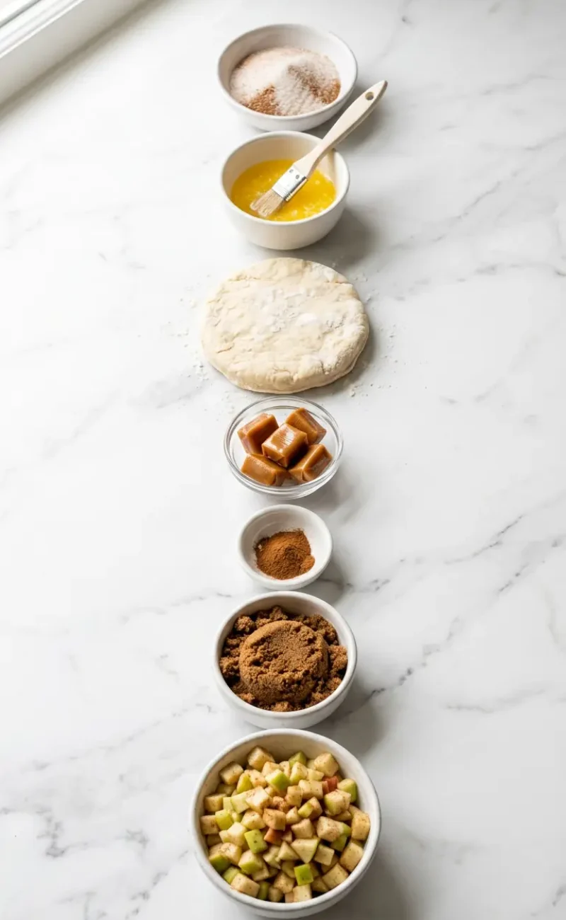 Exploded view of all ingredients for caramel apple pie bombs arranged vertically