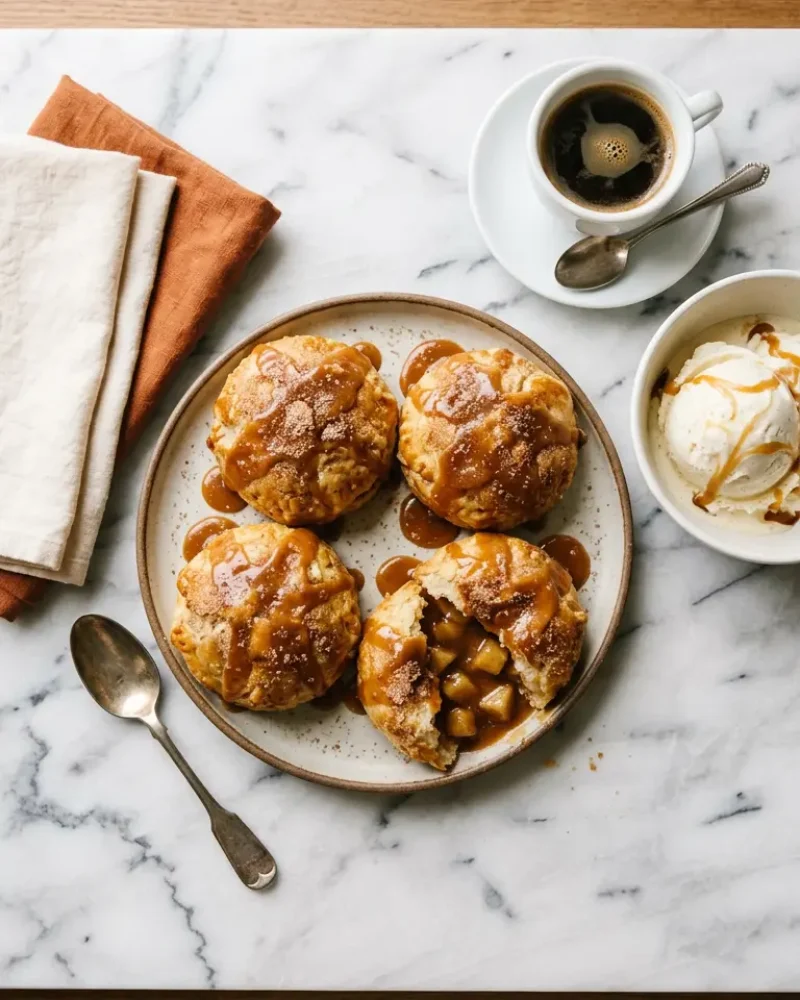 Overhead view of caramel apple pie bombs with vanilla ice cream and coffee