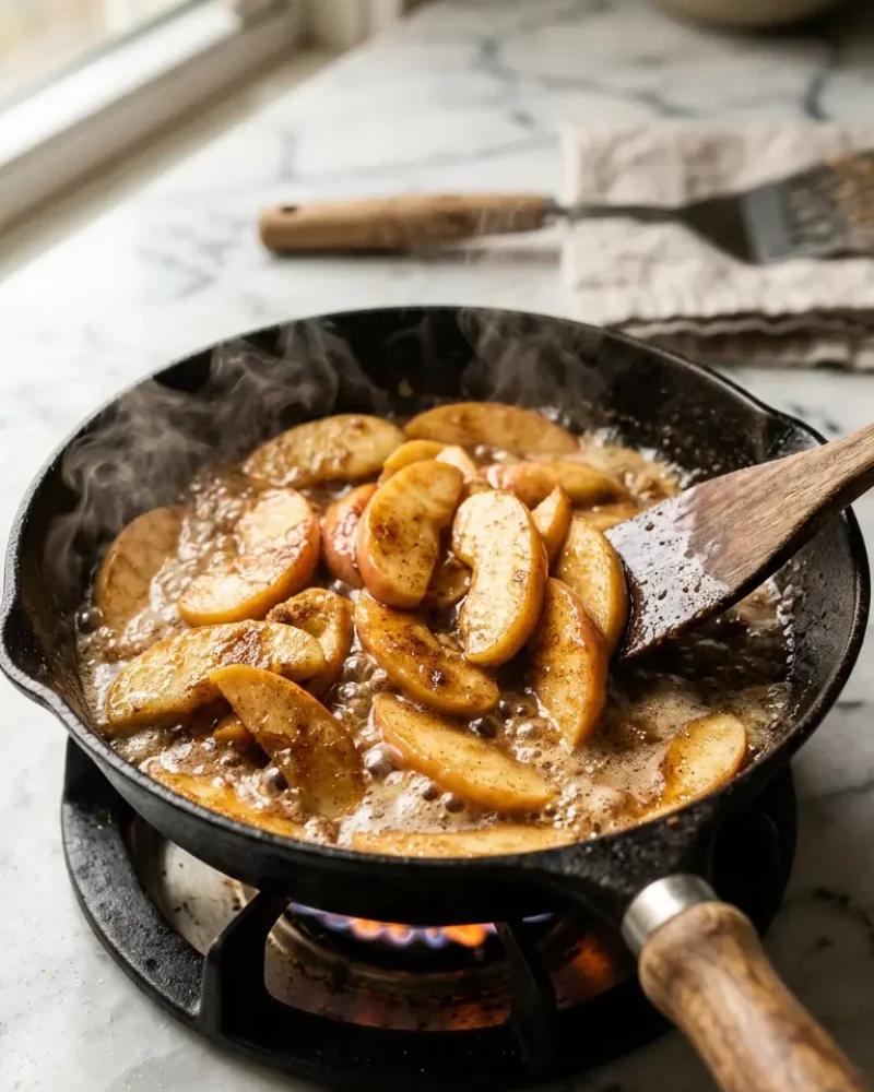 Cooking apple filling in skillet for pie bombs