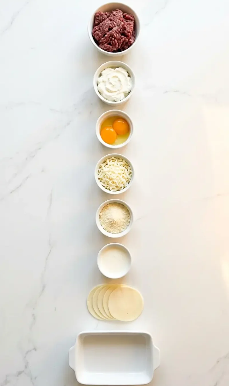 Exploded view of all 8 ingredients for carnivore lasagna arranged vertically on white marble