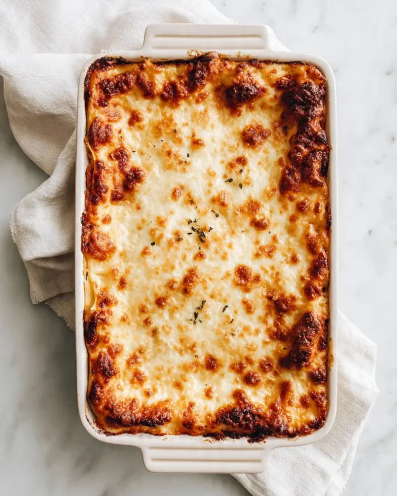 A full white baking dish of freshly baked Carnivore Lasagna on a marble counter.