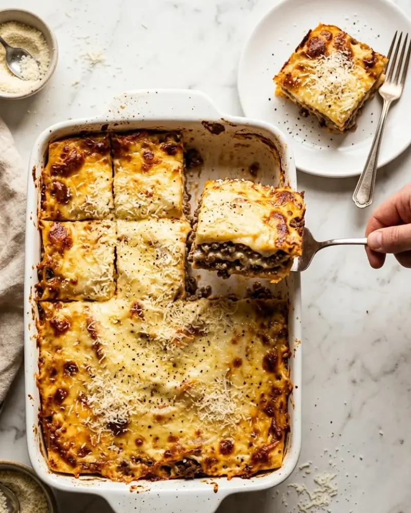 Overhead view of carnivore lasagna in baking dish with a serving slice on a white plate