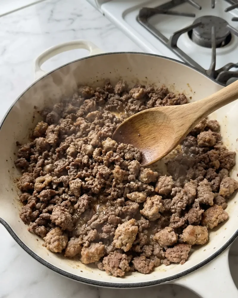Browning ground beef and sausage in a white skillet for the lasagna meat layer.
