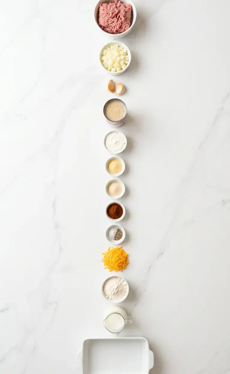 Exploded view of all 13 ingredients for cattle drive casserole arranged vertically on white marble