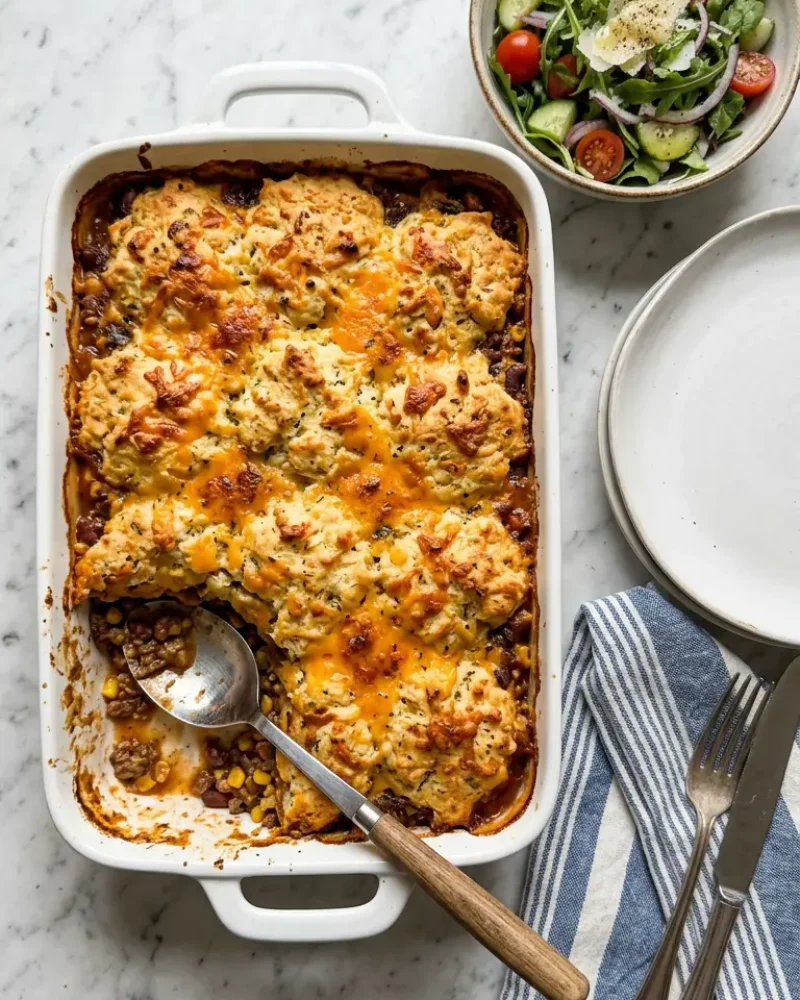 Overhead view of cattle drive casserole with golden biscuit topping served in a white baking dish with sides