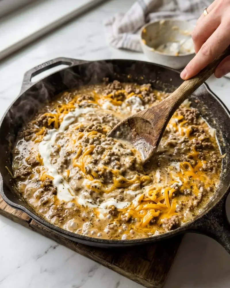 Creamy beef filling being stirred in a cast iron skillet during cattle drive casserole preparation