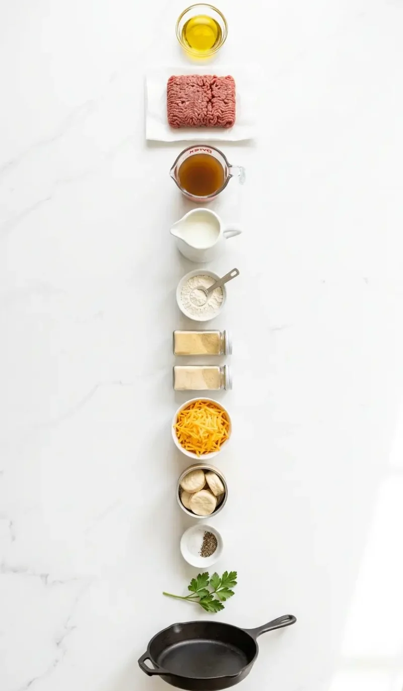 Exploded view of all 12 ingredients for Cheddar Bay Hamburger Casserole arranged vertically on white marble