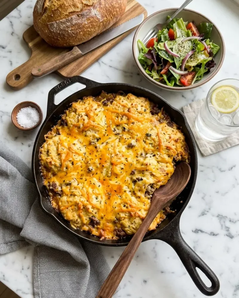 Overhead view of Cheddar Bay Hamburger Casserole with green salad and crusty bread on marble
