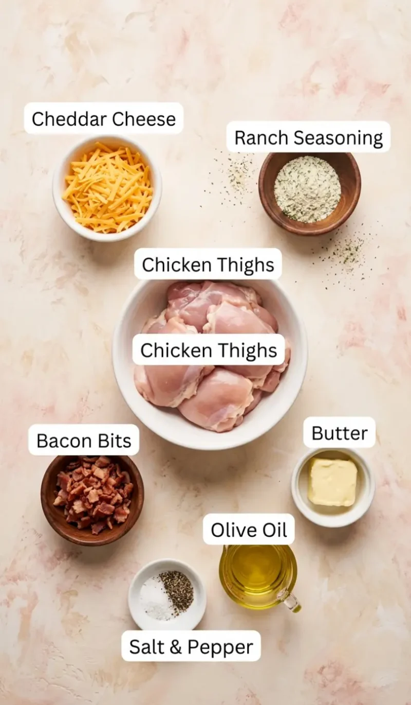 all 7 ingredients for Cheddar Ranch Baked Chicken arranged on a cream and blush plaster surface, each ingredient labeled